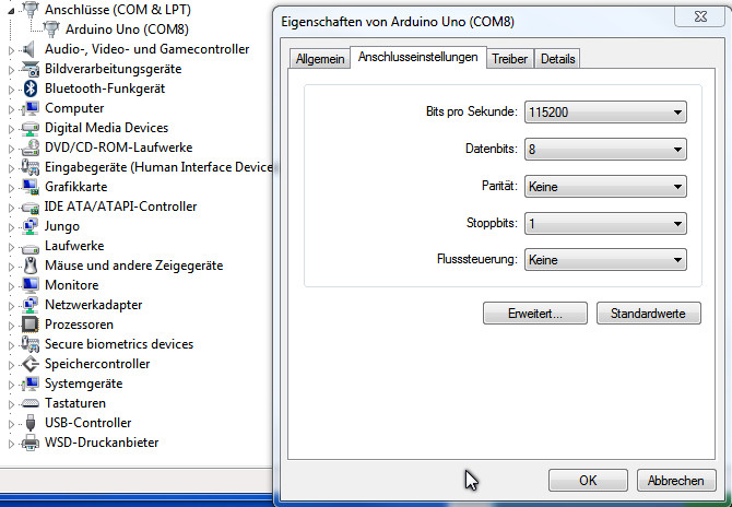 Einstelungen der Schnittstelle unter Windows7